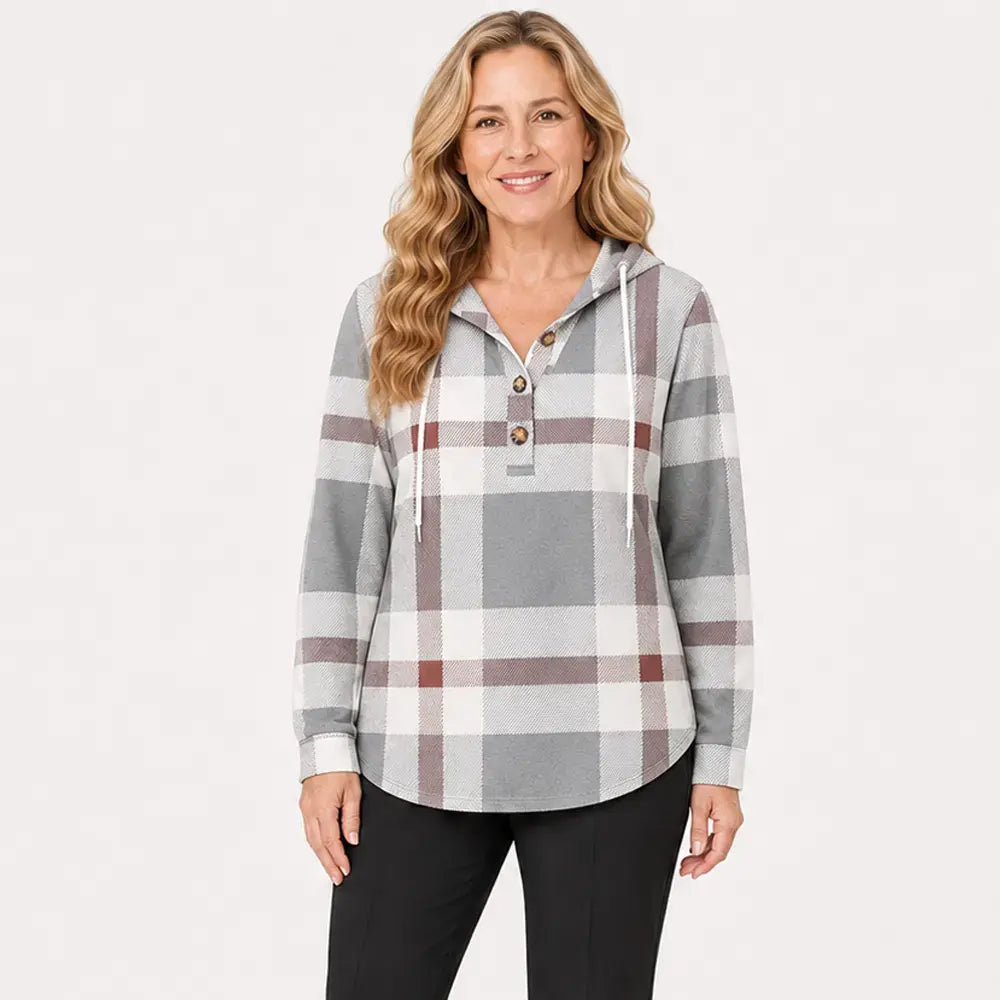 🧥 Sudadera a cuadros con capucha y cuello en V para mujer – cierre de botones, manga larga – sudadera holgada a cuadros para otoño e invierno