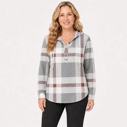 🧥 Sudadera a cuadros con capucha y cuello en V para mujer – cierre de botones, manga larga – sudadera holgada a cuadros para otoño e invierno