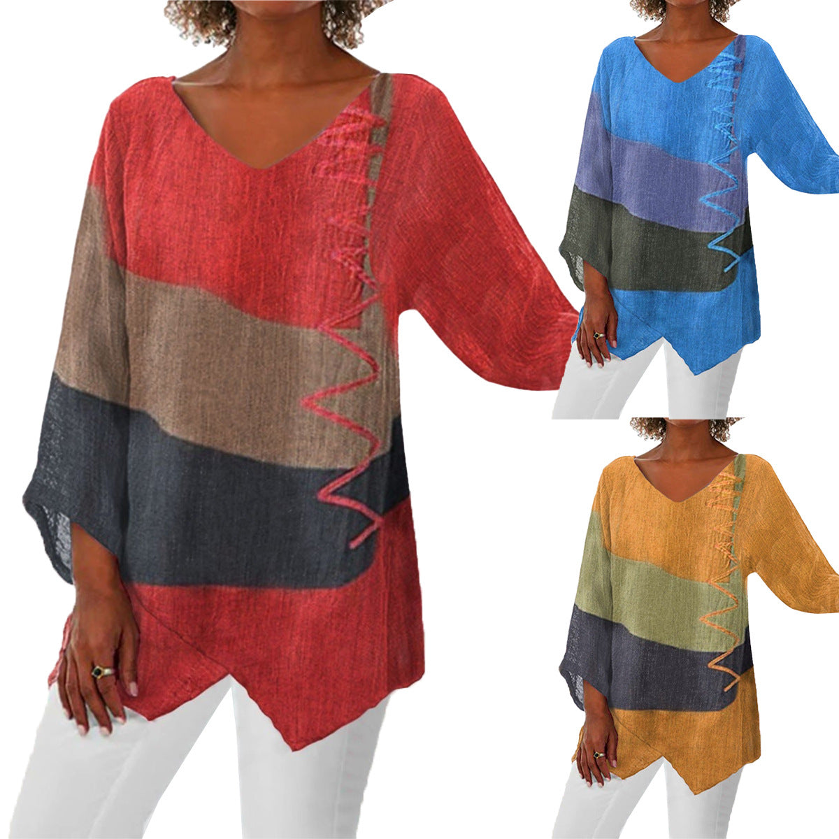 🍁 【S–4XL】Blusa de lino holgada con cuello en V y mangas largas para mujer – Nueva colección 2026 ✨