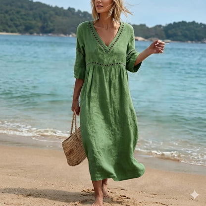 👗【S-3XL】Letní módní bavlněno-lněné šaty s výstřihem do V, prodyšné, pohodlné a zeštíhlující