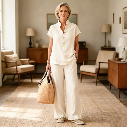 ✨Conjunto de lino y algodón para mujer: blusa de manga corta y pantalón de pierna ancha, estilo veraniego casual y elegante.