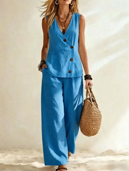 👗【Chaleco abotonado + pantalón】Conjunto elegante e informal de dos piezas en color liso-Pago contra entrega