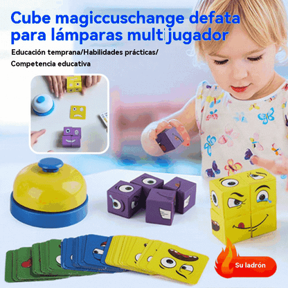【16 bloques de construcción + 64 cartas + 1 campana】😄 Cubo de Caras Divertidas – Juego de Lógica y Retos para Niños