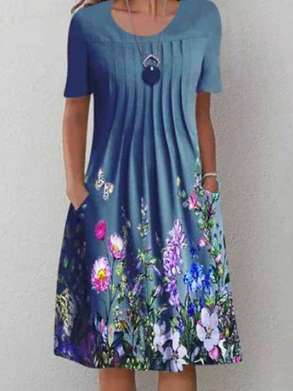 👗【40-120KG】Vestido de moda de verano con cuello redondo y estampado, transpirable, cómodo y que estiliza la figura.