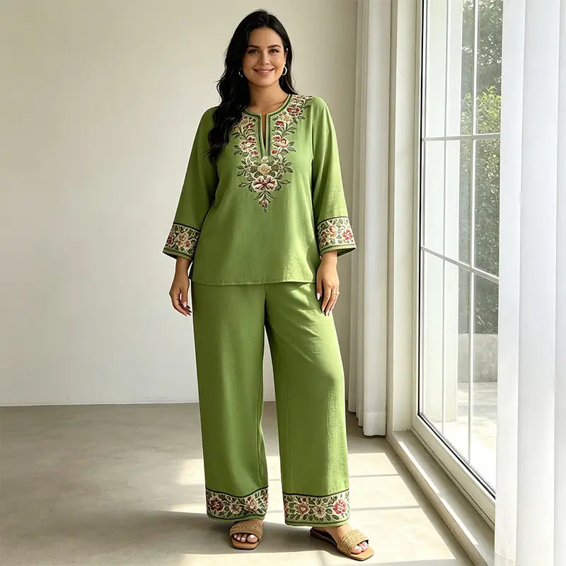 Conjunto de verano de dos piezas para mujer, confeccionado en lino: top holgado estampado y pantalón de pierna ancha, elaborados con un tejido suave, transpirable y agradable para la piel.