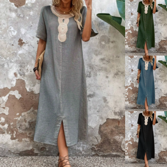 🧚‍♀️👗【Sleva 50 % 🔥】【S-3XL】💖Vestido de verano holgado para mujer con escote redondo, confeccionado en algodón puro y lino, con abertura.