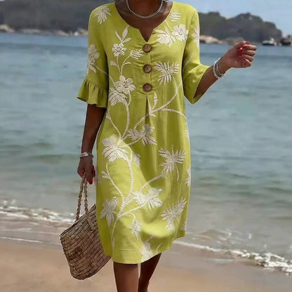 【S-3XL】Vestido de mujer estampado de algodón y lino, mangas abullonadas, diseño con botones