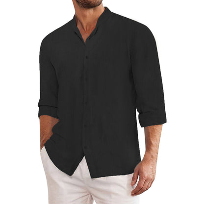 👔【M-3XL】Camisa informal de algodón y lino de color liso para hombre-Pago contra entrega