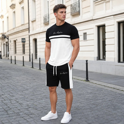 ✨【S-5XL】【Pago contra entrega】Conjunto deportivo de verano de 2 piezas para hombre: camiseta de manga corta y pantalones cortos cómodos, ideales para uso casual y estar en casa.