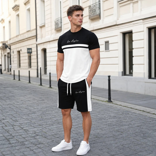 ✨【S-5XL】【Pago contra entrega】Conjunto deportivo de verano de 2 piezas para hombre: camiseta de manga corta y pantalones cortos cómodos, ideales para uso casual y estar en casa.