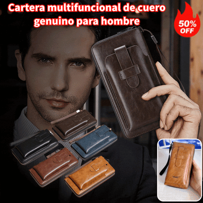 Cartera multifuncional para hombre de cuero genuino hecha a mano de nuevo estilo