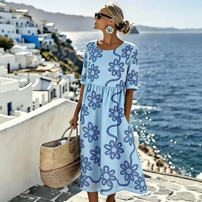 👗【S-4XL】Vestido casual estampado de verano 2026, diseño de cuello redondo, con bolsillos, pago contra entrega.