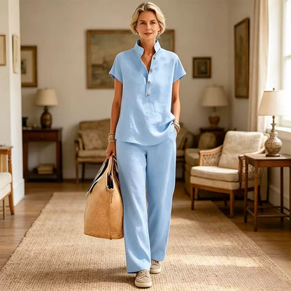 ✨Conjunto de lino y algodón para mujer: blusa de manga corta y pantalón de pierna ancha, estilo veraniego casual y elegante.