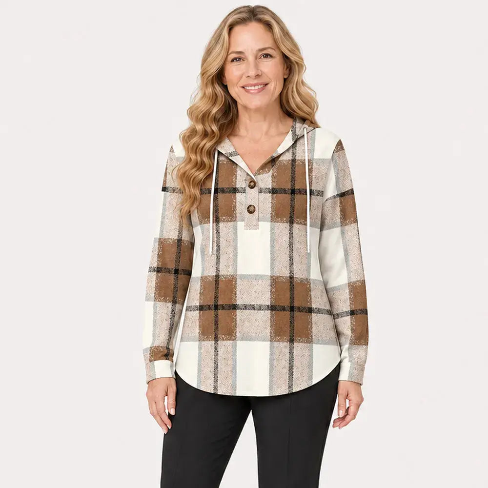 🧥 Sudadera a cuadros con capucha y cuello en V para mujer – cierre de botones, manga larga – sudadera holgada a cuadros para otoño e invierno