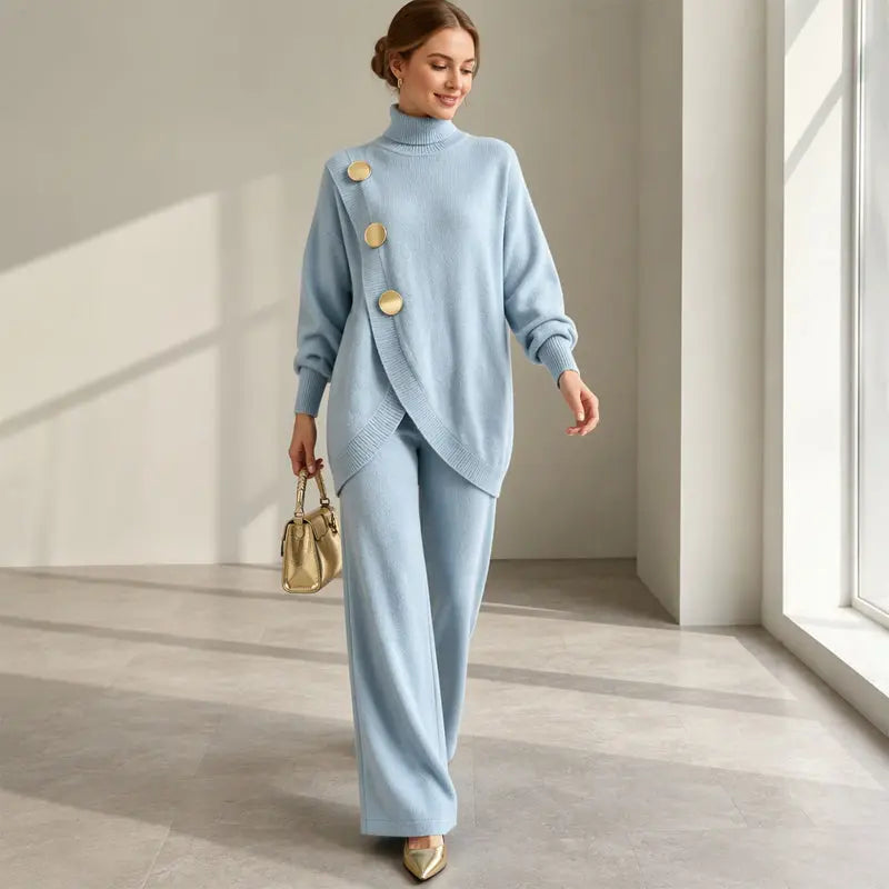 ✨🔥 A mitad de precio + Envío gratis 🚚💕 Elegante conjunto para mujer: top de cuello alto y pantalón de pierna ancha — Cómodo y con estilo 👗
