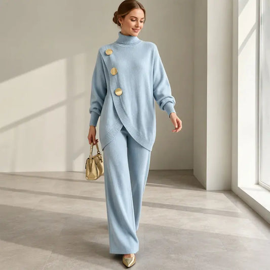 ✨🔥 A mitad de precio + Envío gratis 🚚💕 Elegante conjunto para mujer: top de cuello alto y pantalón de pierna ancha — Cómodo y con estilo 👗