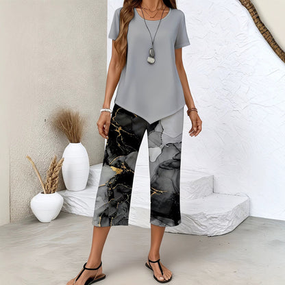 【S-5XL】Conjunto de moda para mujer: blusa de manga corta y pantalón estampado 📦Pago contra entrega