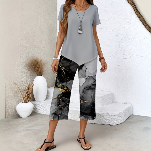【S-5XL】Conjunto de moda para mujer: blusa de manga corta y pantalón estampado 📦Pago contra entrega