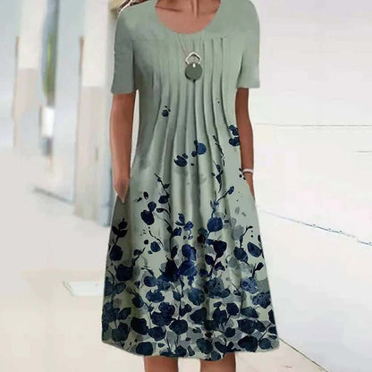 👗【40-120KG】Vestido de moda de verano con cuello redondo y estampado, transpirable, cómodo y que estiliza la figura.