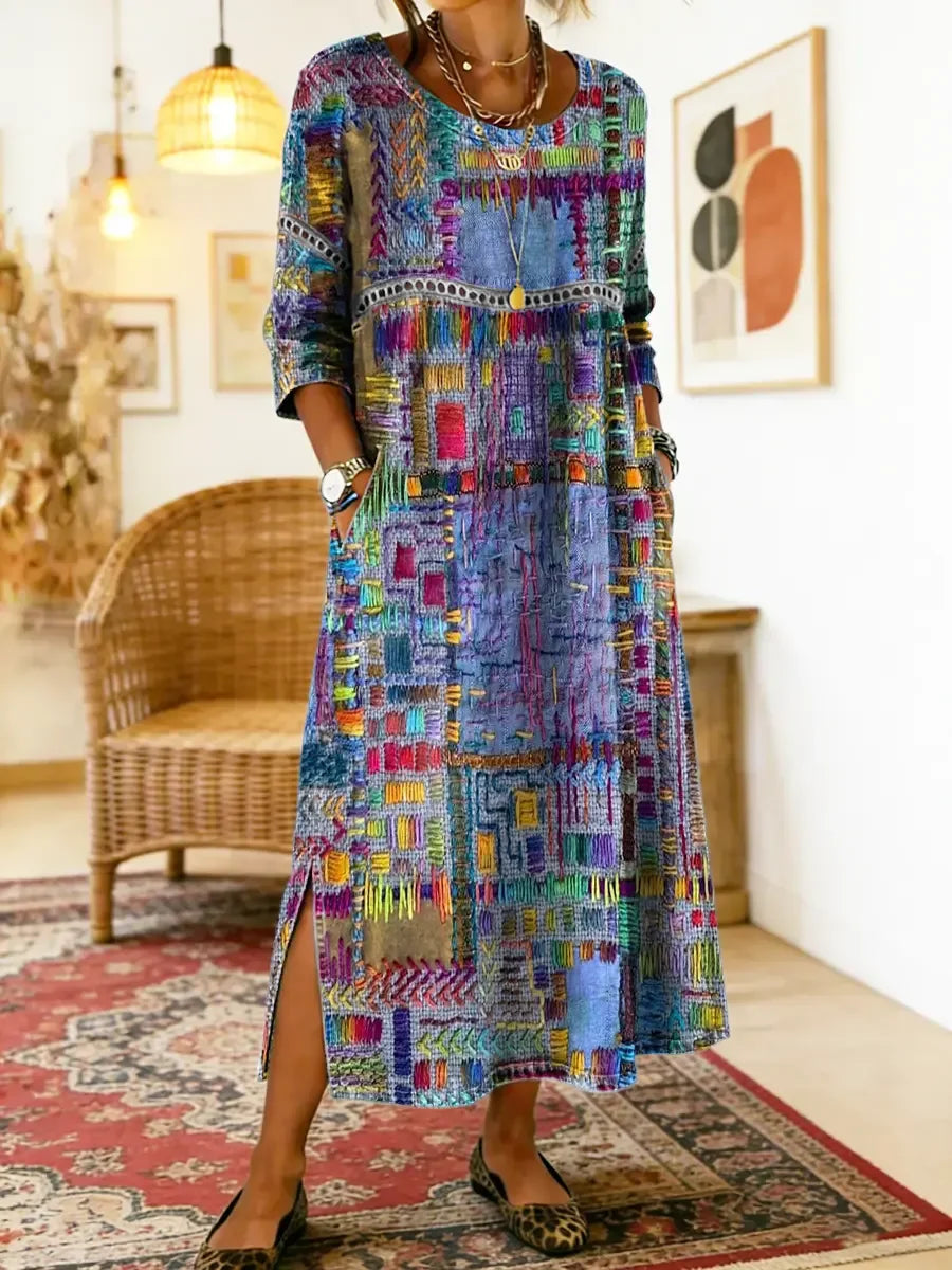 ✨ Zadnji dan, 50 % popust! 【S-5XL】Retro poletna obleka s potiskom okroglega izrezka - lahka in zračna, z močnim padcem, enostavna za ujemanje.