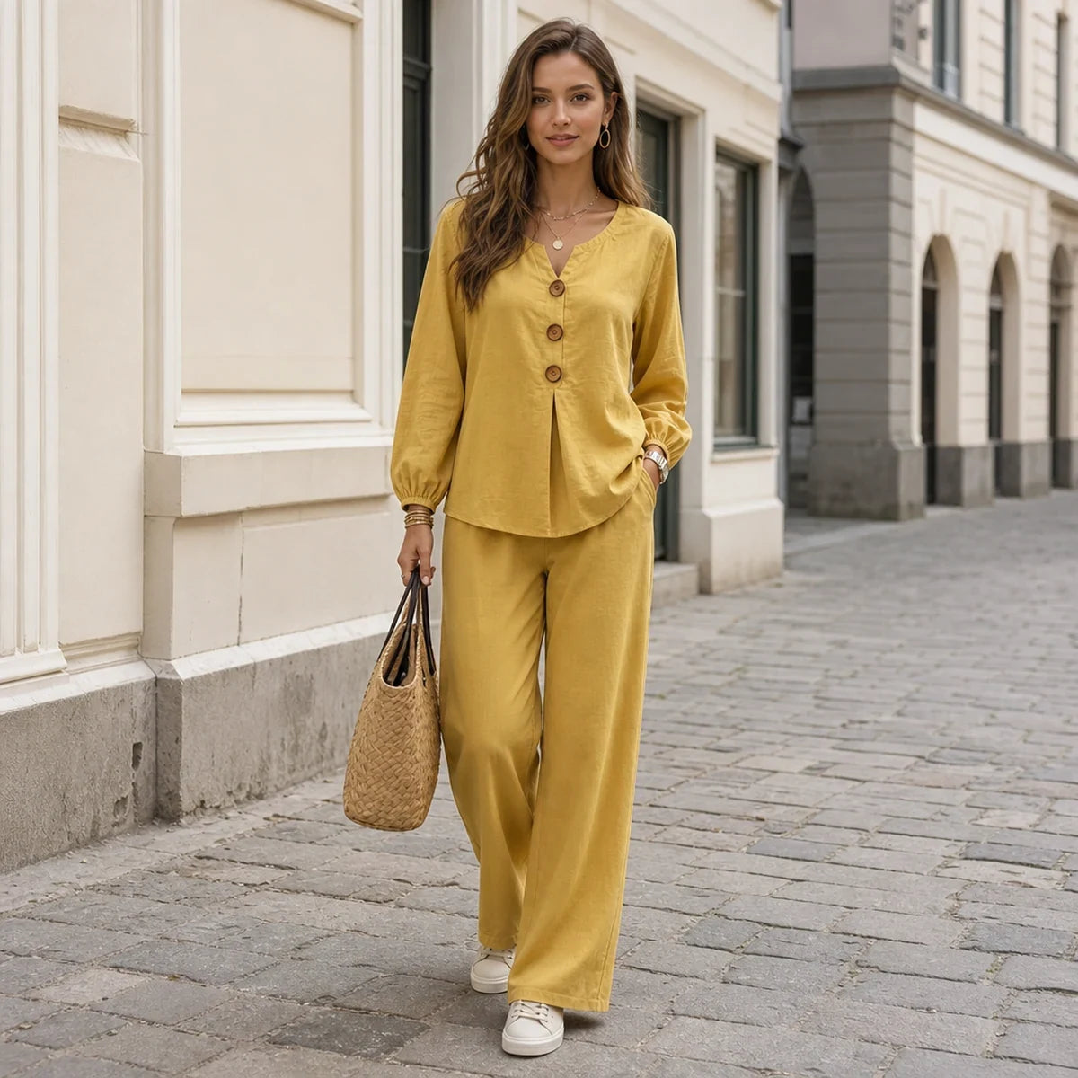 【Oferta limitada al 50%】Nuevo conjunto de mujer de dos piezas: blusa y pantalón con volantes, botones y escote en V