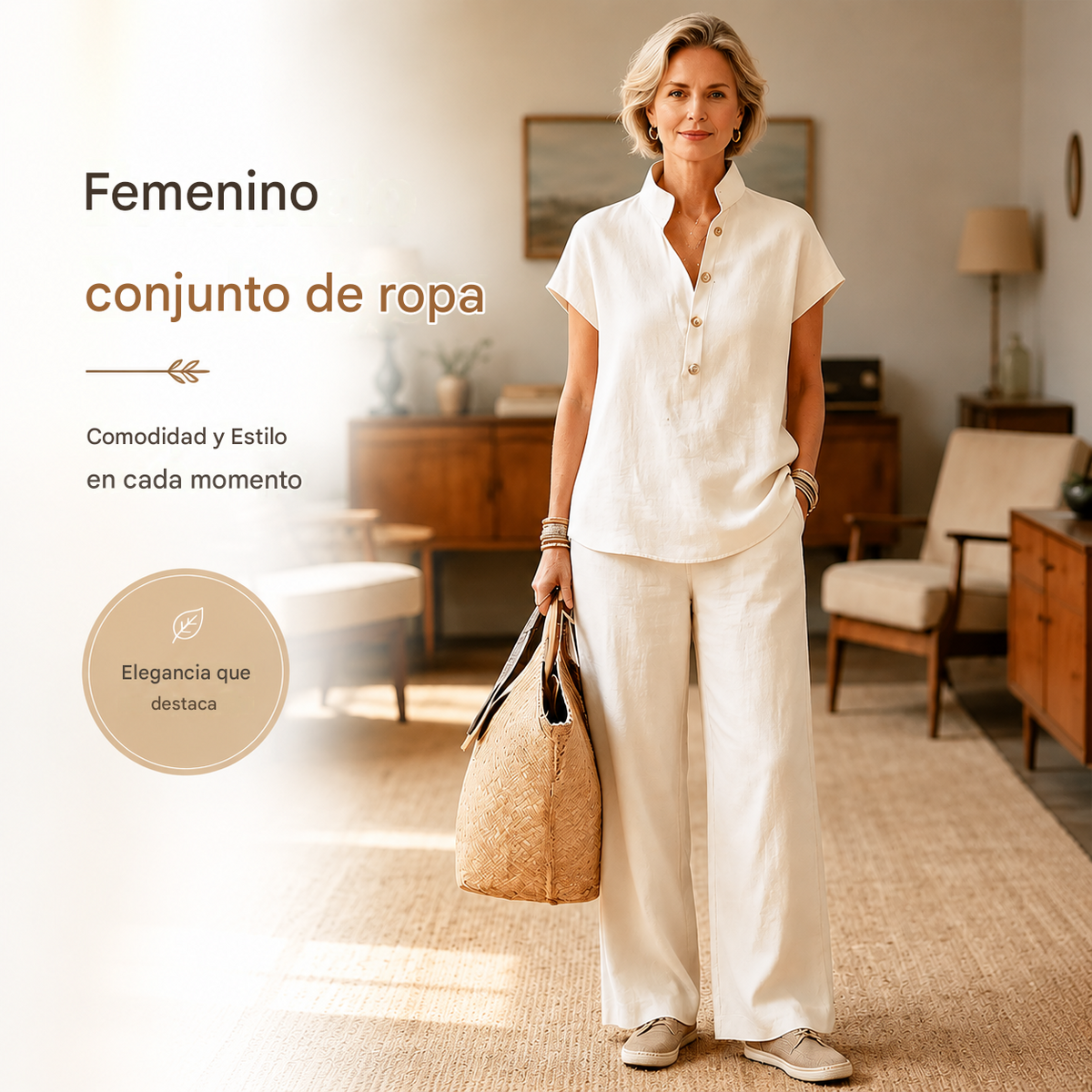 ✨Conjunto de lino y algodón para mujer: blusa de manga corta y pantalón de pierna ancha, estilo veraniego casual y elegante.