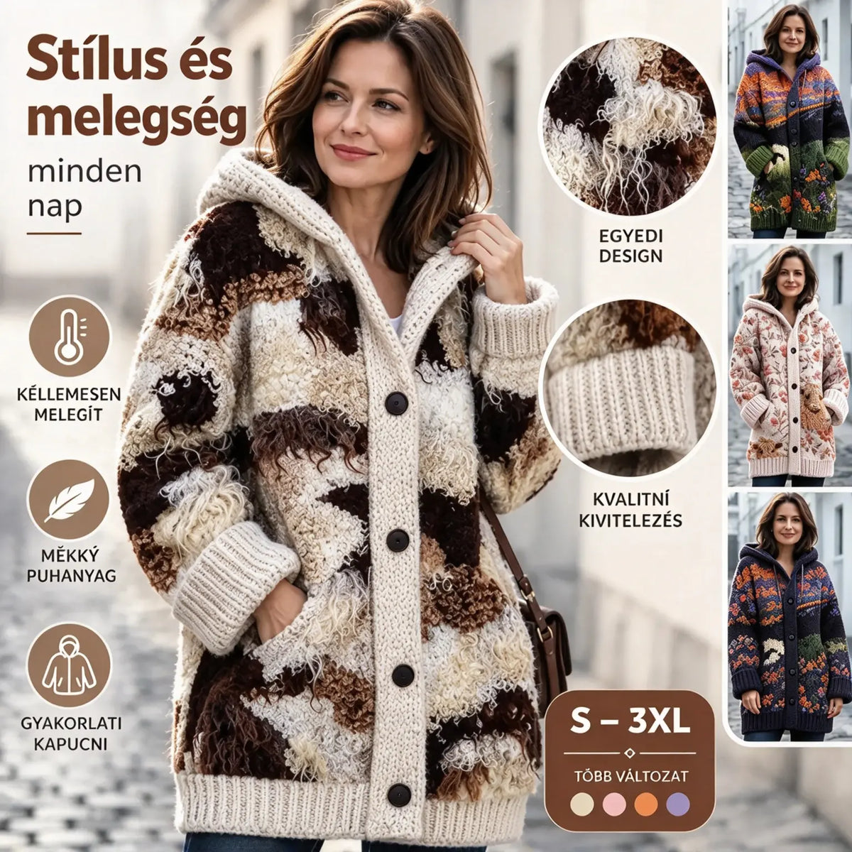 ✨✨ Utolsó nap – Féláras ajánlat [S–6XL] ✨ Elegáns, mintás, kapucnis kötött kardigán nőknek