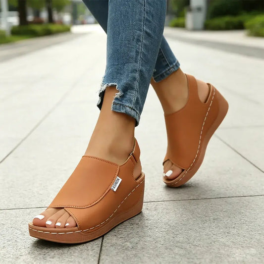 [Tallas 36–43] Sandalias de cuña de piel auténtica para mujer – suela suave – soporte para el arco