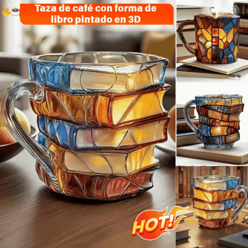 【50 % de descuento por tiempo limitado】📚 Taza de café pintada en 3D con forma de libro.