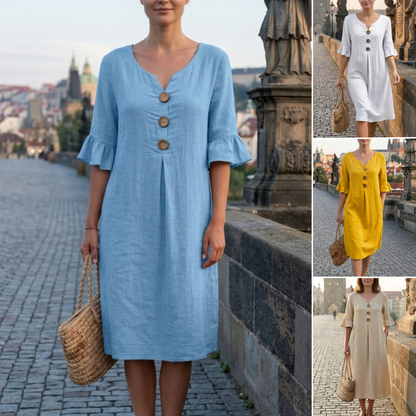 ✨【S-3XL】Damska sukienka z bawełny i lnu z bufiastymi rękawami i guzikami