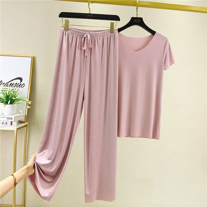 ❤️【M-4XL】Top de manga corta de seda suave + pantalones de pierna ancha❤️ Conjunto de dos piezas