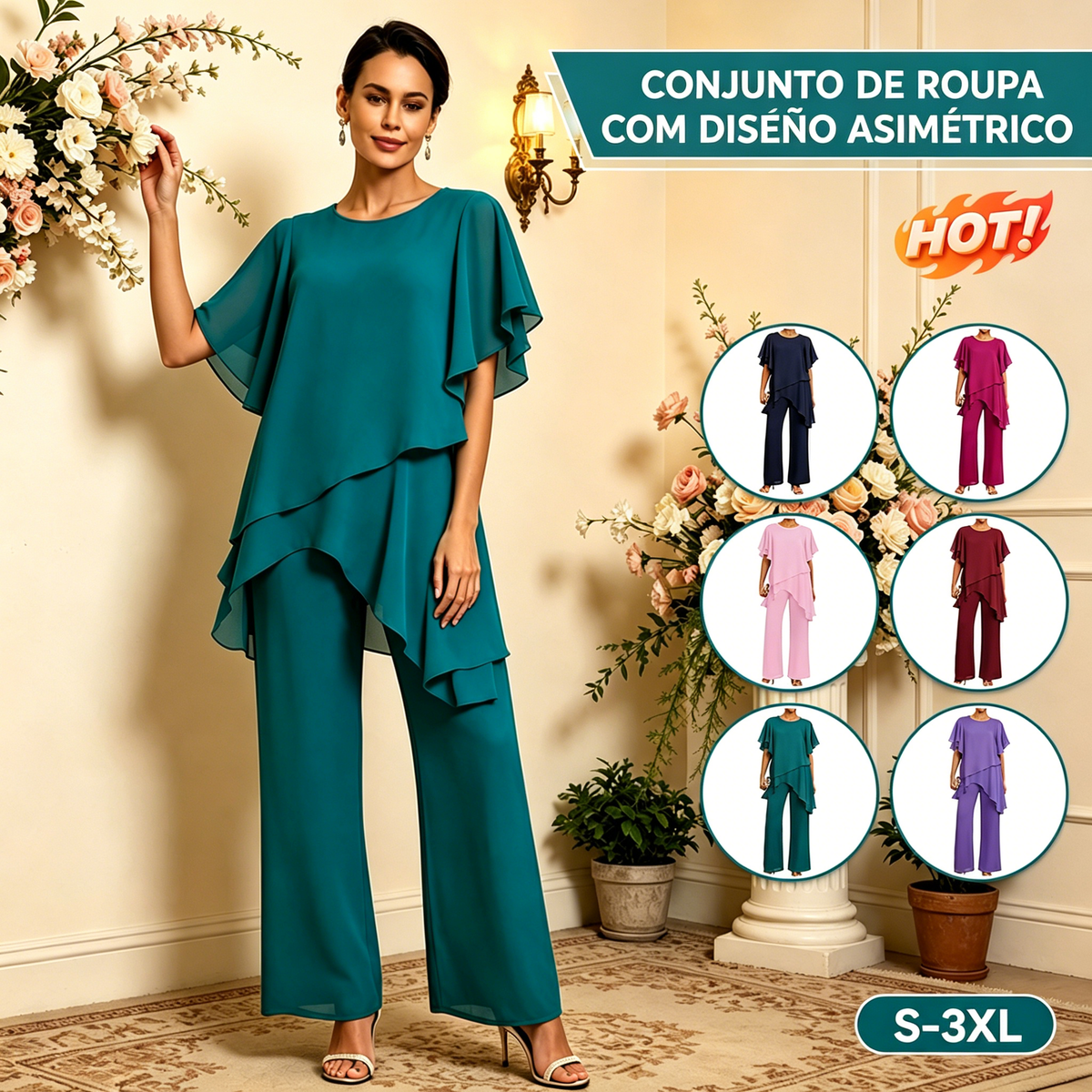 Elegante conjunto de chifón: Top asimétrico con volantes y pantalones de pierna ancha – Atuendo sofisticado para eventos, Tallas S-3XL