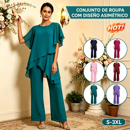 Elegante conjunto de chifón: Top asimétrico con volantes y pantalones de pierna ancha – Atuendo sofisticado para eventos, Tallas S-3XL