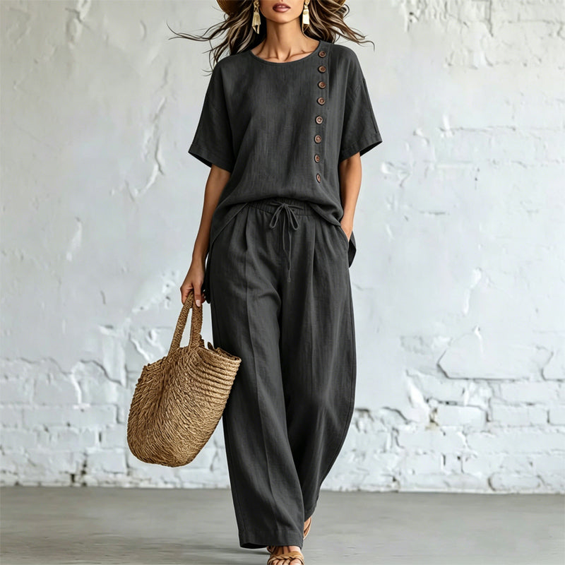 🎨 【Camiseta + Pantalones de pierna ancha】Un conjunto de dos piezas elegante e informal, hecho de algodón y lino, cómodo y transpirable, disponible en varios colores.