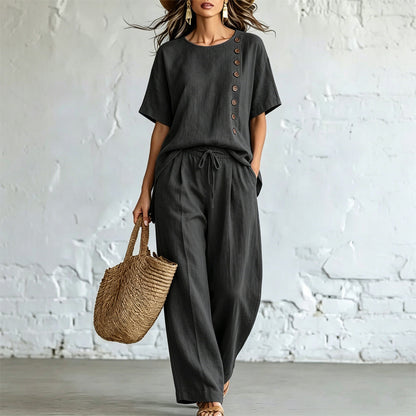 🎨 【Camiseta + Pantalones de pierna ancha】Un conjunto de dos piezas elegante e informal, hecho de algodón y lino, cómodo y transpirable, disponible en varios colores.