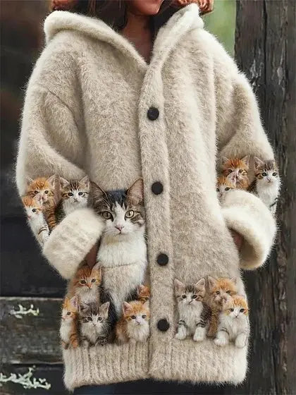 🔥🐾【descuento por tiempo limitado -50%】 Abrigo con capucha para mujer, elegante y adorable, con estampado de animales, ideal para otoño e invierno 🧥✨-E