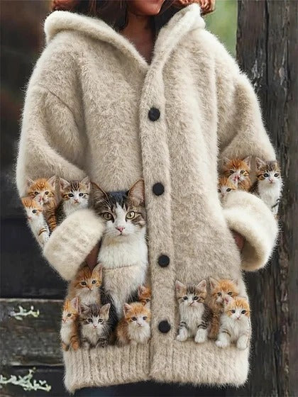 🔥🐾【descuento por tiempo limitado -50%】 Abrigo con capucha para mujer, elegante y adorable, con estampado de animales, ideal para otoño e invierno 🧥✨-E
