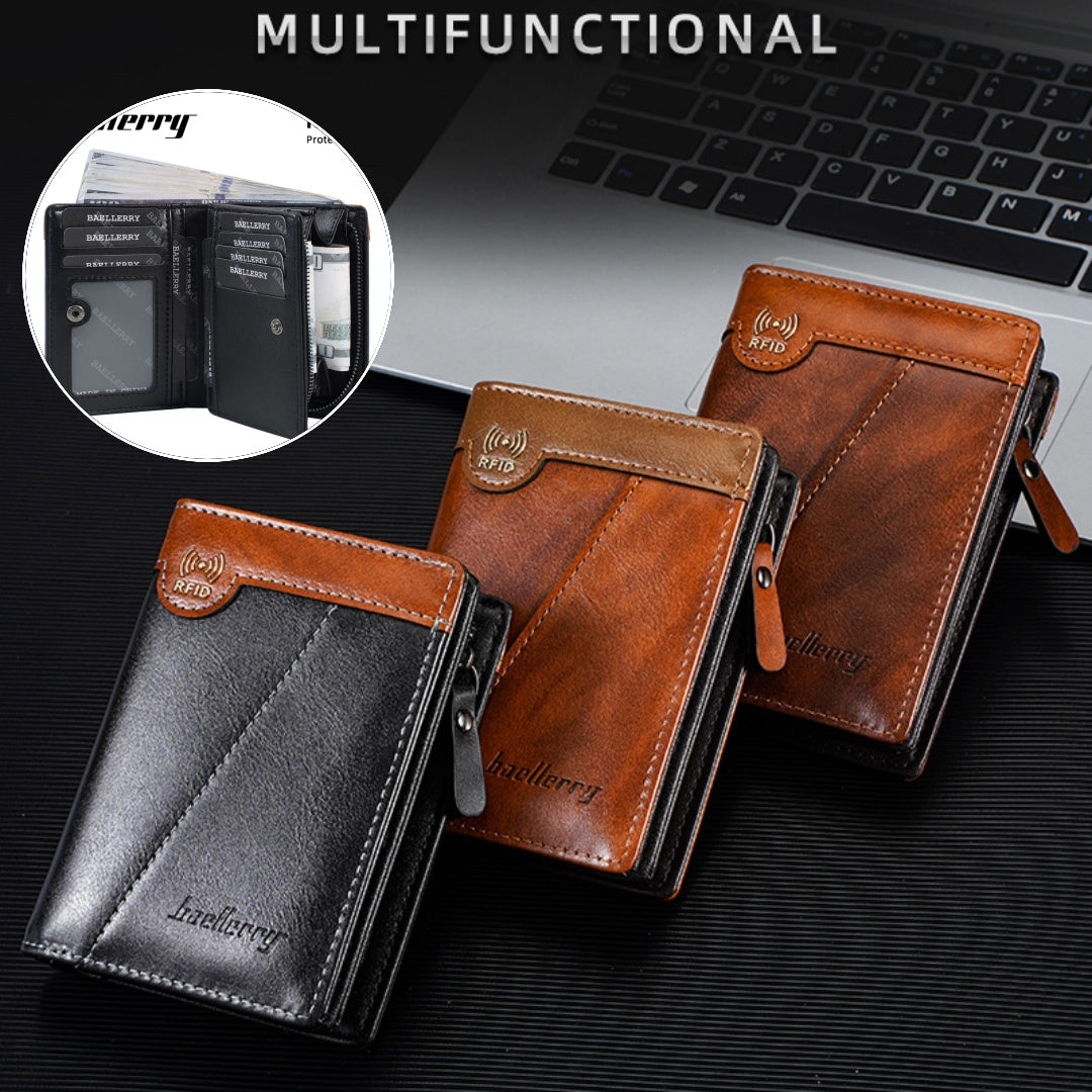 ✨【Promoción de nuevos productos】Nueva billetera con cremallera estilo retro de primera calidad para hombre con función antirrobo RFID.