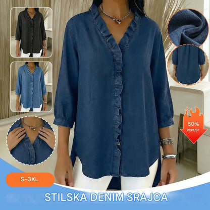 🔥Zadnji dan! 50 % popust ✅️【40-100 kg】Ženska ležerna jeans srajca z V-izrezom in volančki