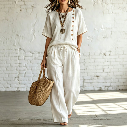 🎨 【Camiseta + Pantalones de pierna ancha】Un conjunto de dos piezas elegante e informal, hecho de algodón y lino, cómodo y transpirable, disponible en varios colores.
