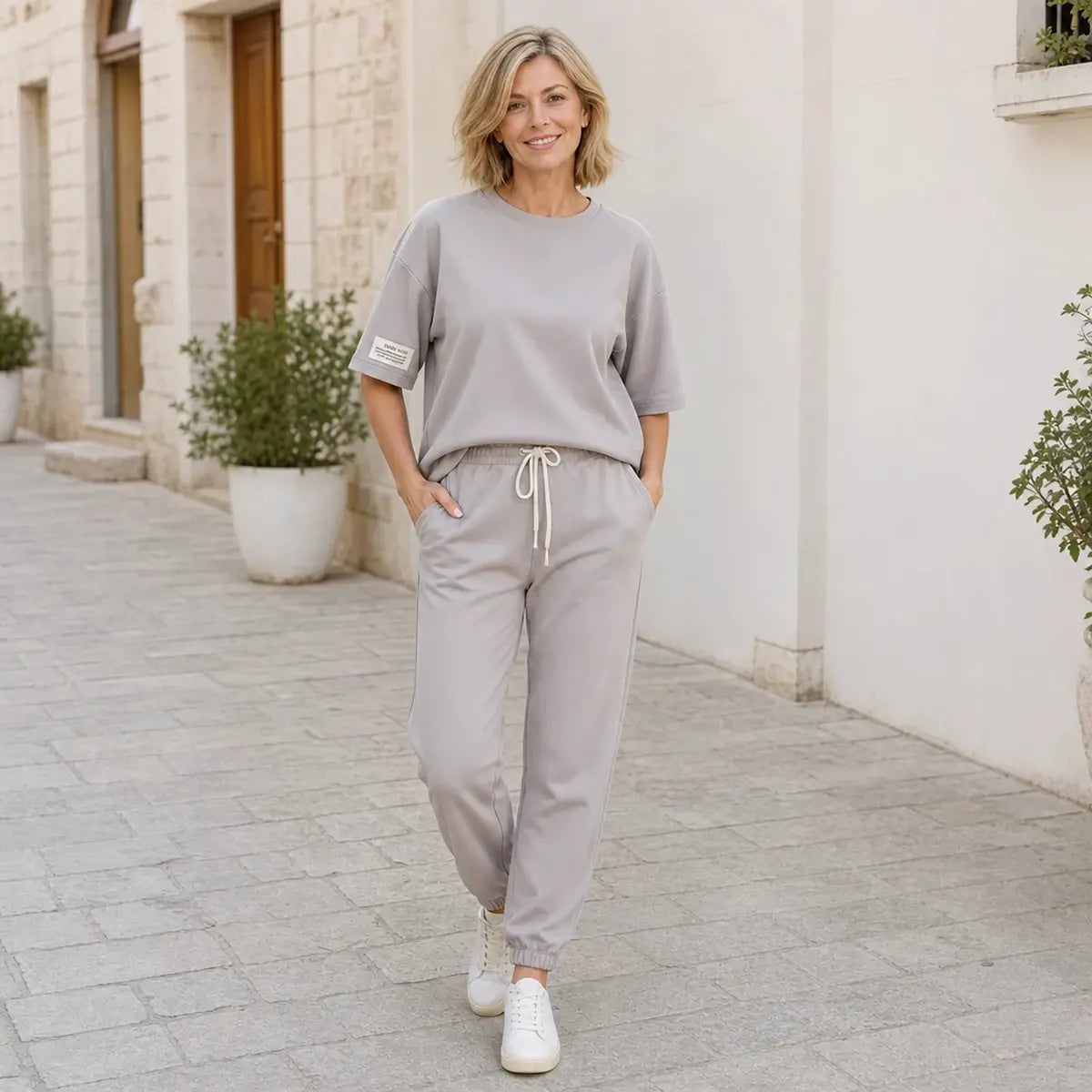 🔥🔥【Liquidación de fin de temporada】【S-5XL】Conjunto casual de top y pantalón liso para mujer