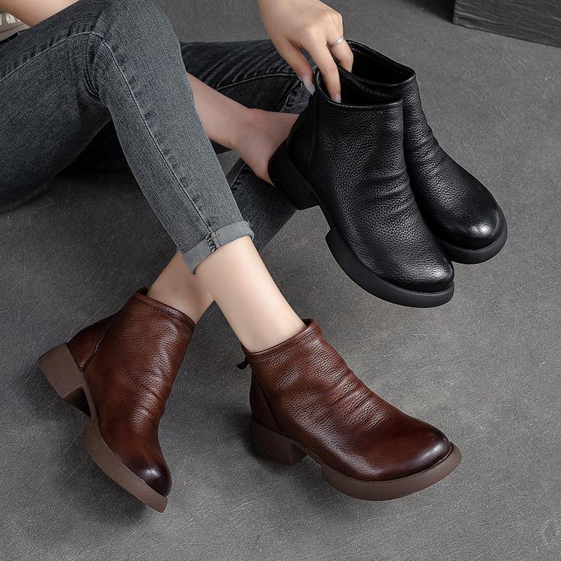【35-40】Nuevas botas de piel de otoño/invierno con suela suave y diseño de tacón grueso