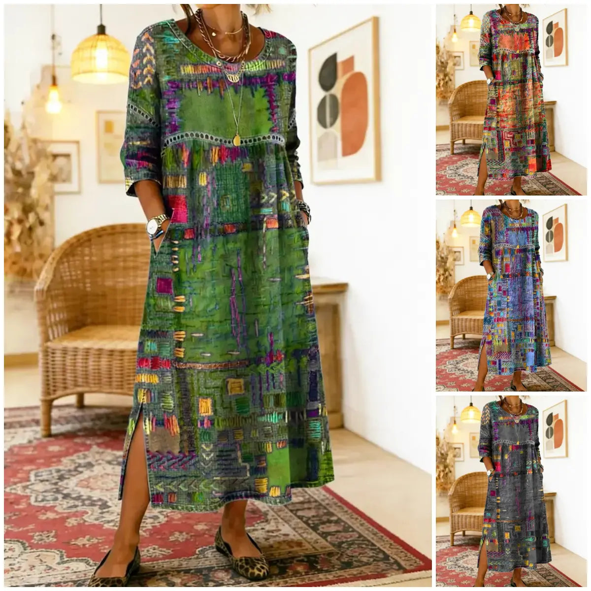 ✨ Zadnji dan, 50 % popust! 【S-5XL】Retro poletna obleka s potiskom okroglega izrezka - lahka in zračna, z močnim padcem, enostavna za ujemanje.