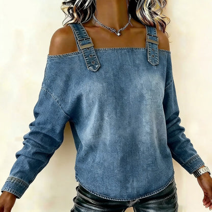 👕【Alta calidad】Blusa femenina estilo denim con cuello V y volantes elegantes para primavera