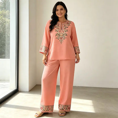 Conjunto de verano de dos piezas para mujer, confeccionado en lino: top holgado estampado y pantalón de pierna ancha, elaborados con un tejido suave, transpirable y agradable para la piel.