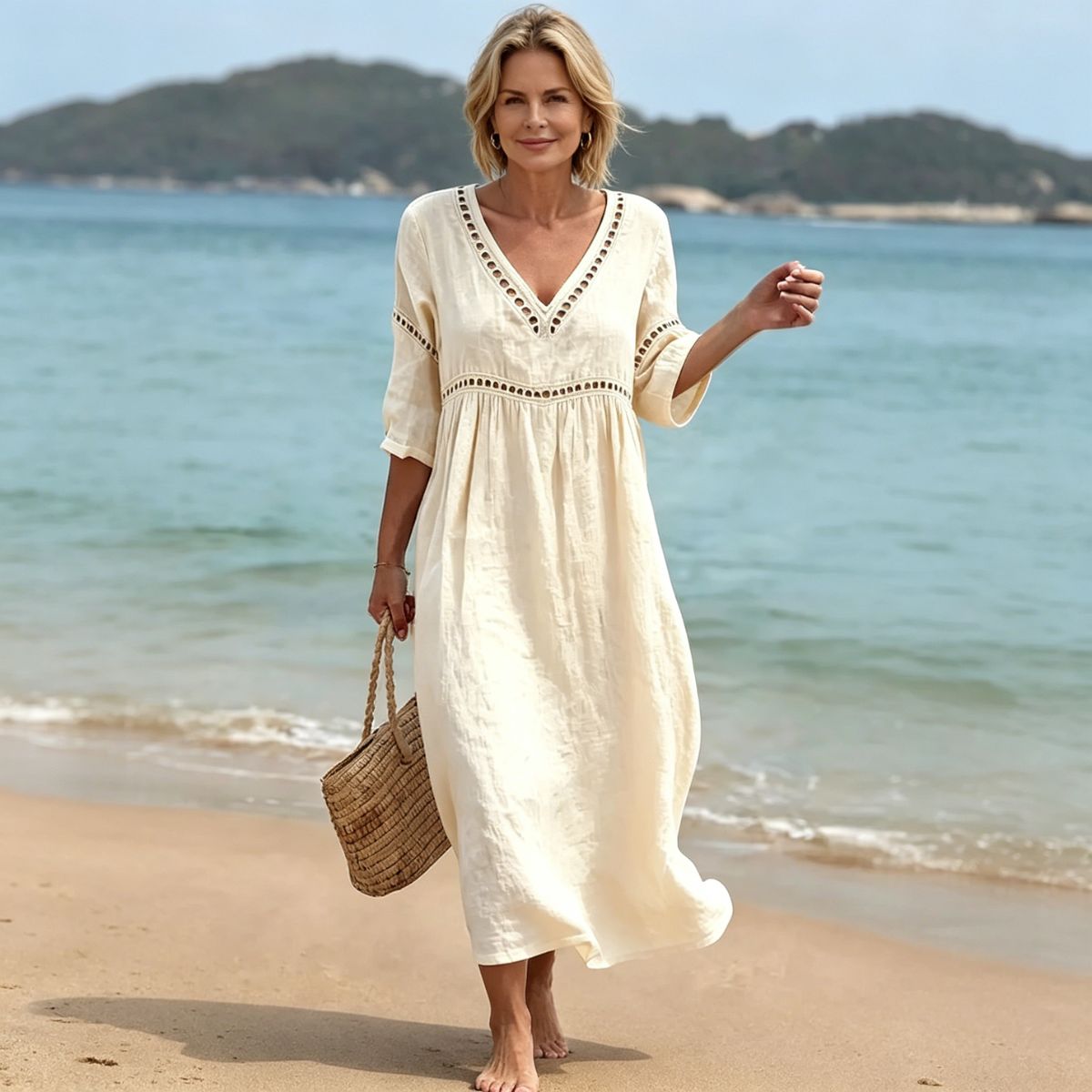 👗【S-3XL】Vestido de verano de algodón y lino a la moda con escote en V, transpirable, cómodo y que no se atasca.