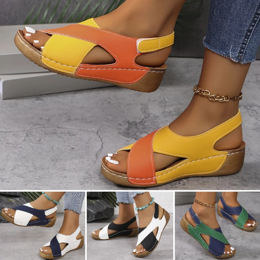 【50% de descuento】【36-43】Sandalias de cuña en contraste de verano para mujer, cómodas sandalias con tiras en el tobillo, tejidas a mano, suaves y cómodas_E