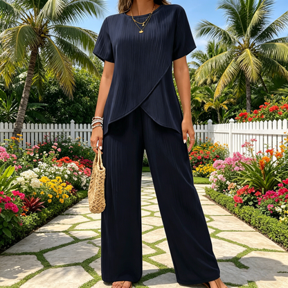 👗 Conjunto para mujer (Tallas S–3XL) – corte casual, manga corta, cuello redondo, diseño asimétrico (top + pantalón)
