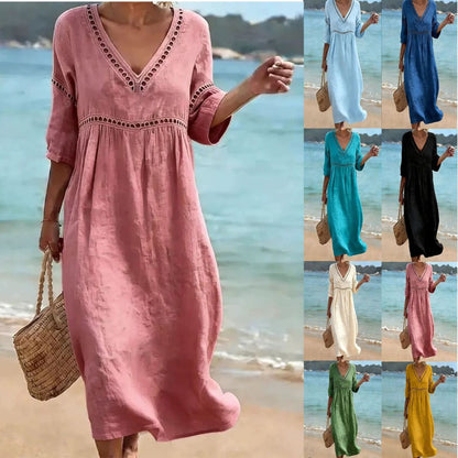 👗【S-3XL】Letní módní bavlněno-lněné šaty s výstřihem do V, prodyšné, pohodlné a zeštíhlující