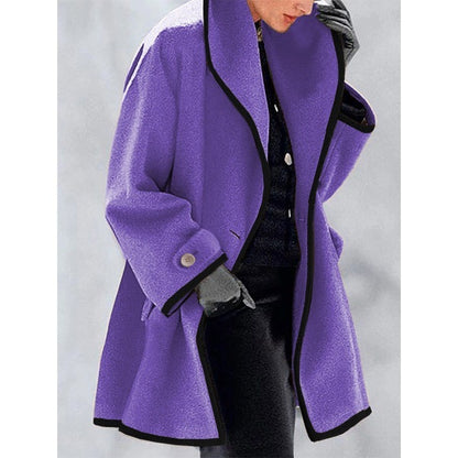 ⭐🤗Abrigo de lana liso con capucha para mujer: cuello grande, corte holgado, ribete en contraste